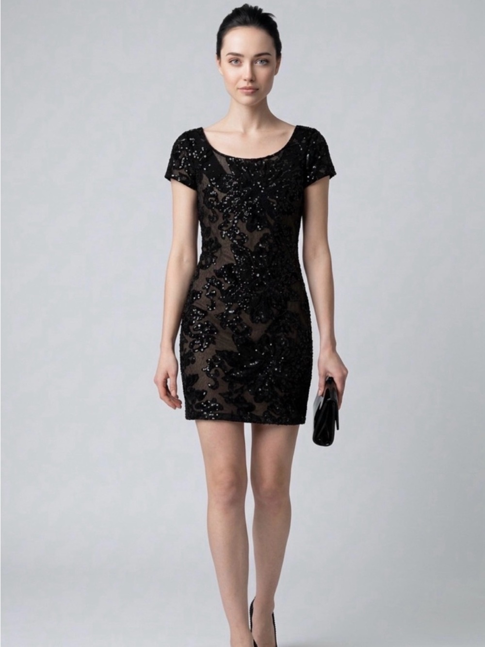 Calvin Klein Black Sequin Embellished Lace Mini Dress - little black dress US 10